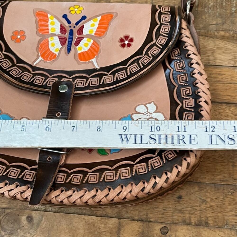 Mexican Hand-Tooled Leather Crossbody Bag Butterfly & Floral Design - Picture 5 of 14